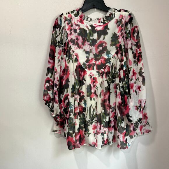Rose + Olive Floral Sheer Blouse Plus Size 1X Boho Romantic Peasant Top Spring - Picture 3 of 8